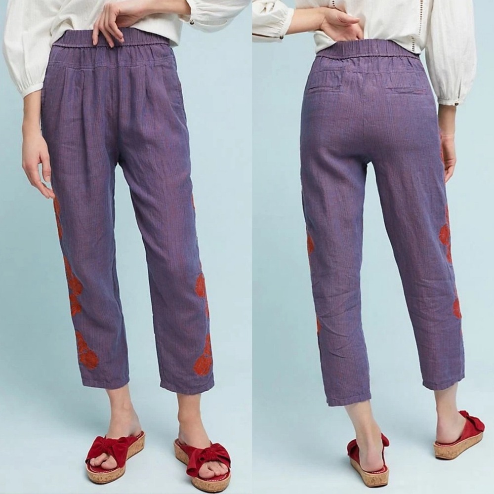 Anthropologie Purple Cropped Pants with Orange Accents